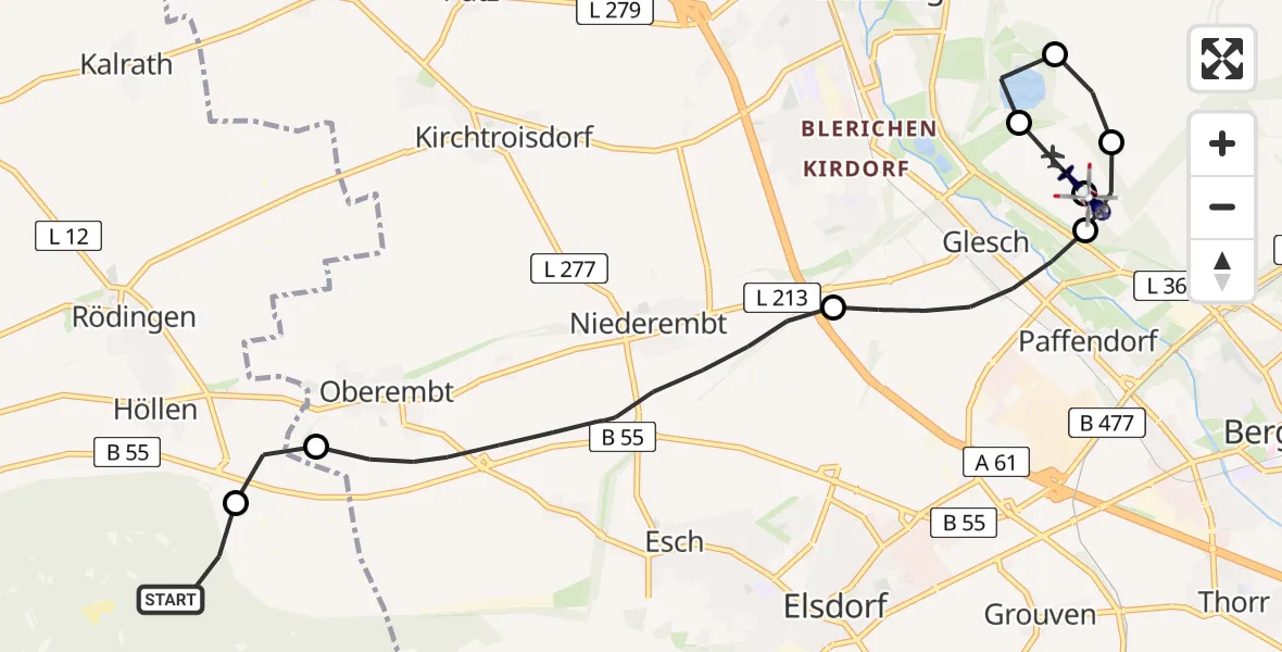 Flugroute Polizeihubschrauber Niederzier - Bergheim Flugplatz, 15 Juli 2026, 08:43