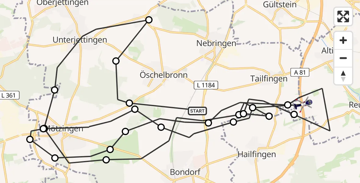 Flugroute Polizeihubschrauber Bondorf - Ammerbuch, 15 Juli 2026, 08:48