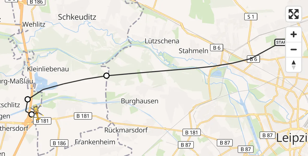 Flugroute Rettungshubschrauber Leipzig - ADAC Air Rescue Station Leipzig/Schkeuditz-Dölzig Hubschrauberlandeplatz (Christoph 61), 15 Juli 2026, 08:51