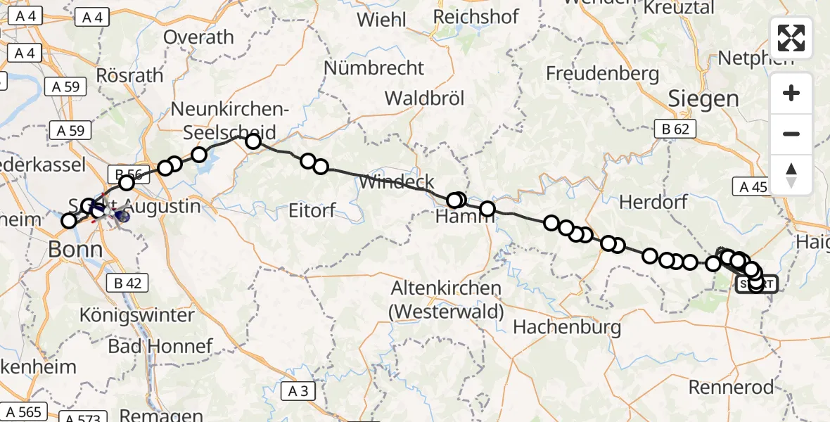 Flugroute Polizeihubschrauber Burbach - Sankt Augustin, 15 Juli 2026, 08:57