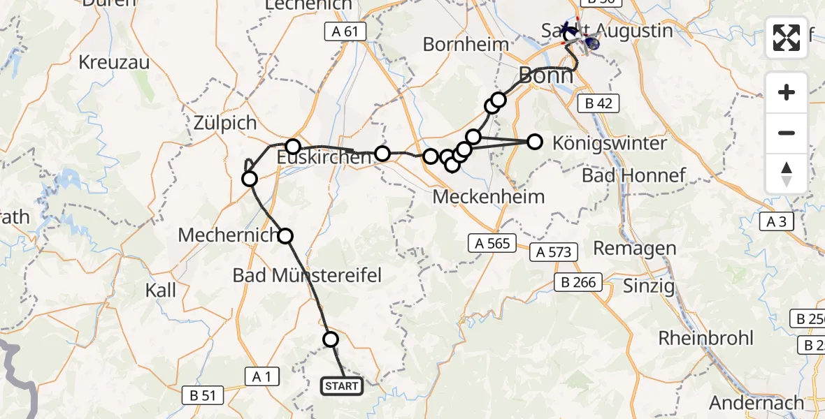 Flugroute Polizeihubschrauber Hümmel - Sankt Augustin, 15 Juli 2026, 09:00