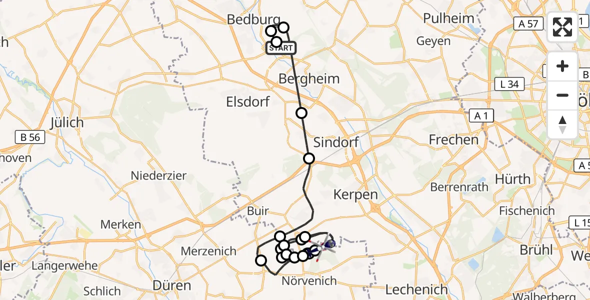 Flugroute Polizeihubschrauber Bergheim Flugplatz - Militärflugplatz Nörvenich, 15 Juli 2026, 09:00