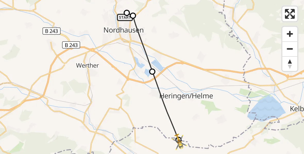 Flugroute Rettungshubschrauber Südharz Hospital Nordhausen - Sondershausen, 15 Juli 2026, 09:05