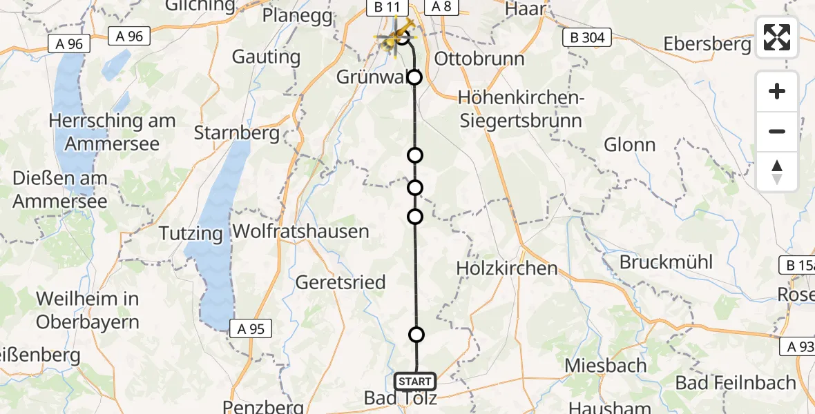 Flugroute Rettungshubschrauber Bad Tölz - ADAC Air Rescue Center Hubschrauberlandeplatz (Christoph 1), 15 Juli 2026, 09:07