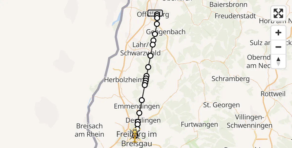 Flugroute Rettungshubschrauber Offenburg - Freiburg University Hospital Heliport 1, 15 Juli 2026, 09:12