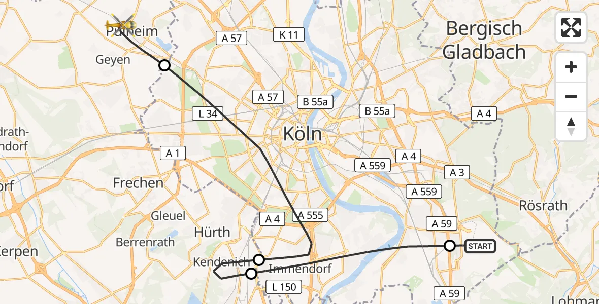 Flugroute Ambulanzhubschrauber Köln Bonn Flughafen - Pulheim, 15 Juli 2026, 09:12