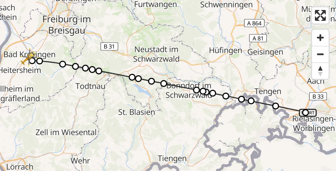 Flugroute Ambulanzhubschrauber Singen (Hohentwiel) - Bad Krozingen, 15 Juli 2026, 09:14
