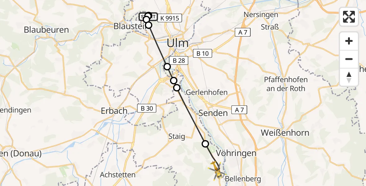 Flugroute Rettungshubschrauber Ulm Military Hospital Emergency - Illerrieden, 15 Juli 2026, 09:16