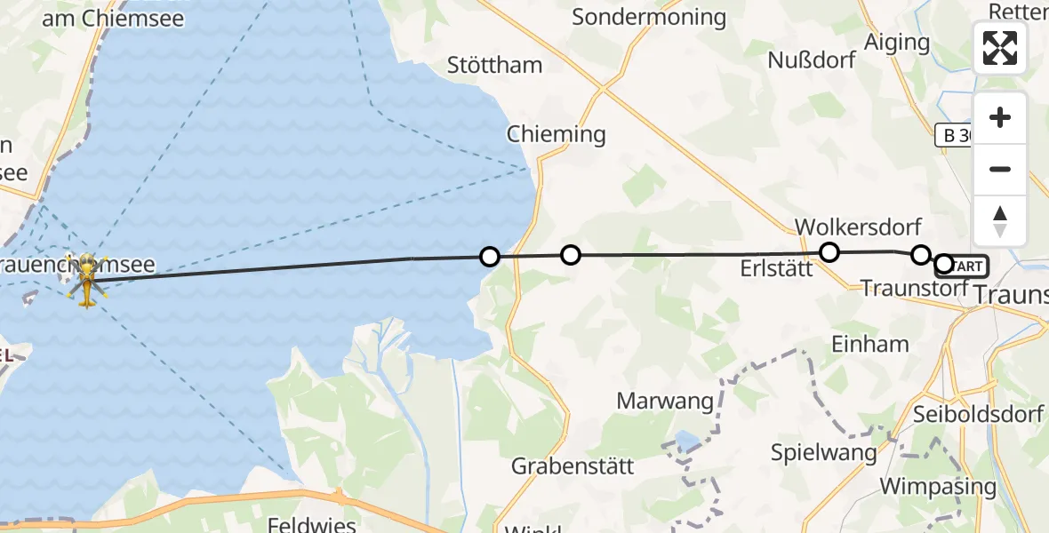 Flugroute Rettungshubschrauber Traunstein Hospital - Chiemsee (See), 15 Juli 2026, 09:17