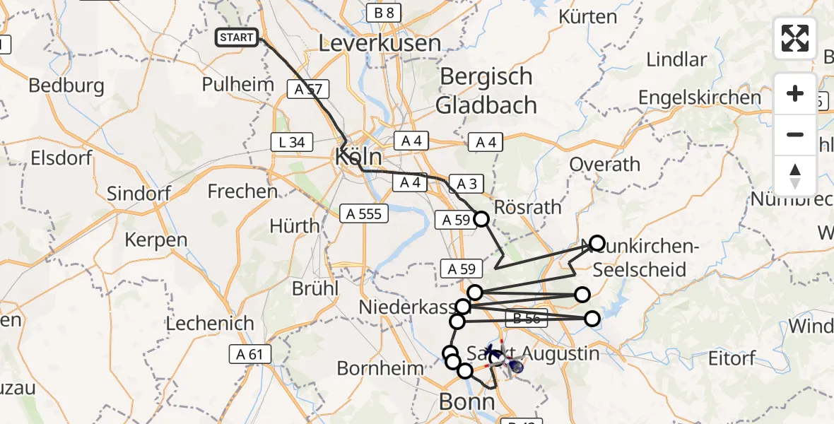 Flugroute Polizeihubschrauber Köln - Sankt Augustin, 15 Juli 2026, 09:18