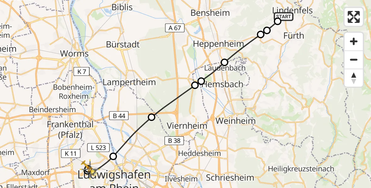 Flugroute Rettungshubschrauber Lindenfels - Ludwigshafen Accident Hospital, 15 Juli 2026, 09:19