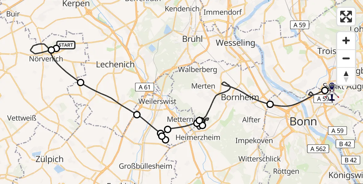 Flugroute Polizeihubschrauber Nörvenich - Sankt Augustin, 15 Juli 2026, 09:25