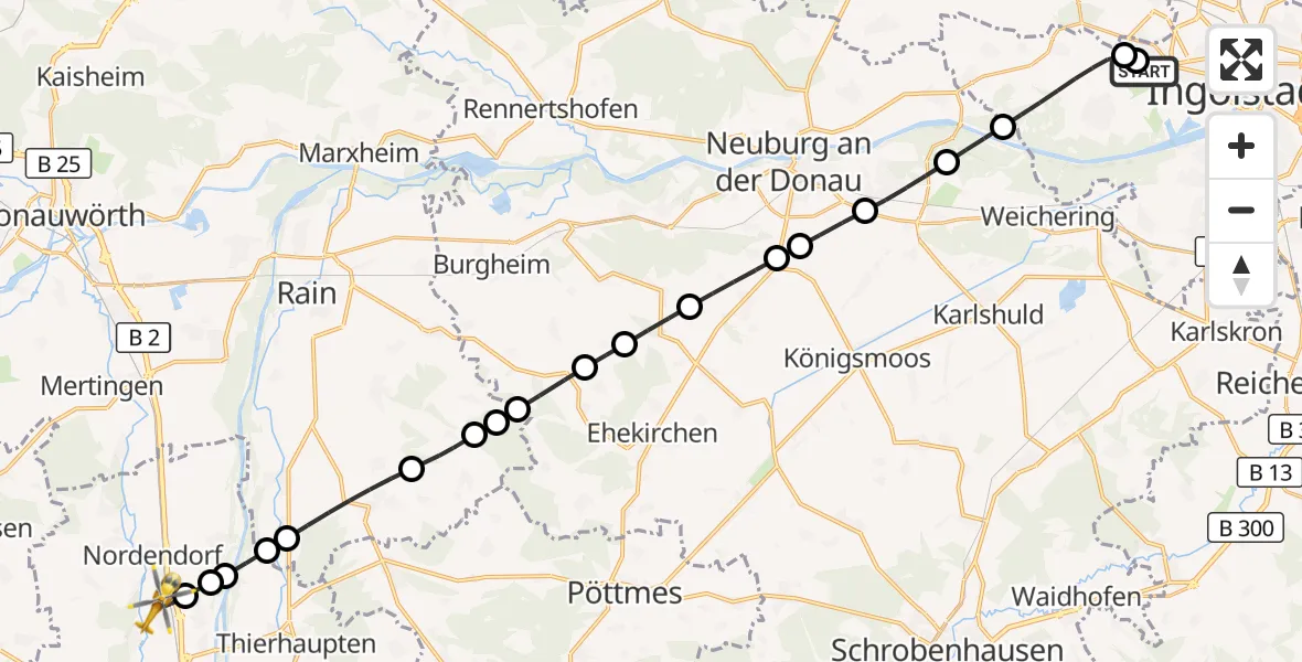 Flugroute Rettungshubschrauber Ingolstadt Hospital - Westendorf, 15 Juli 2026, 09:25