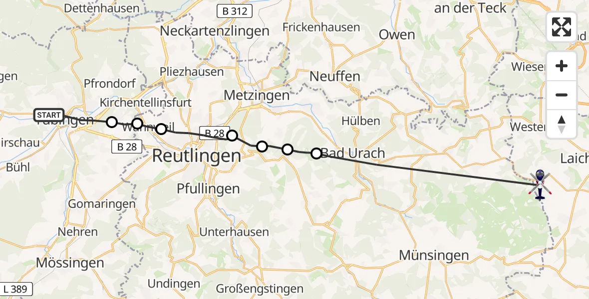 Flugroute Polizeihubschrauber Tübingen - Laichingen, 15 Juli 2026, 09:26