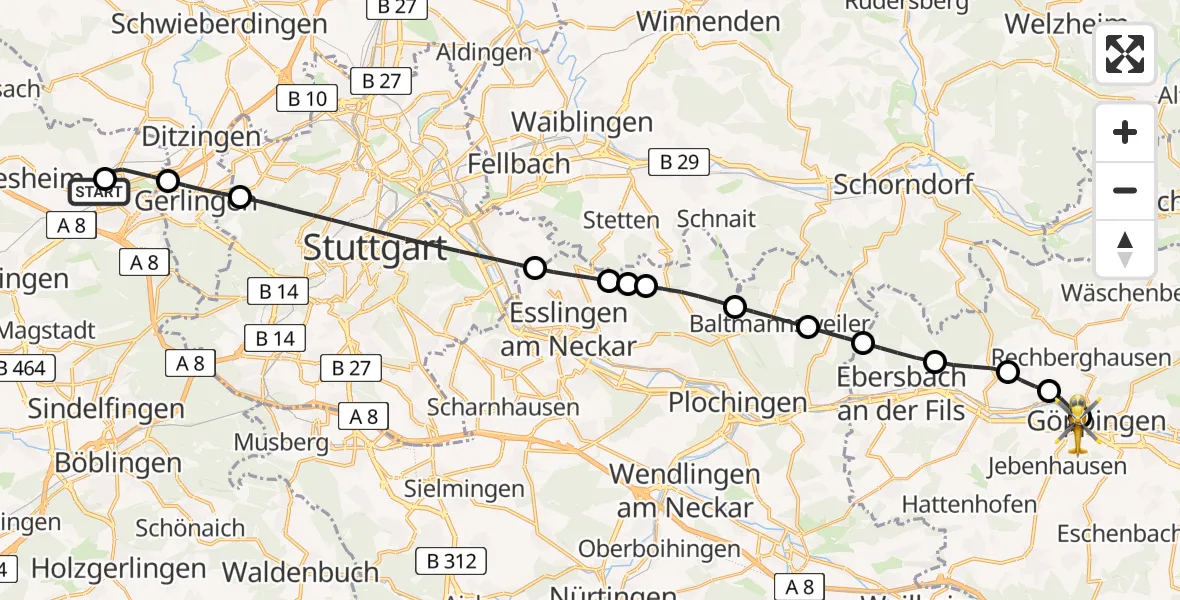 Flugroute Rettungshubschrauber Leonberg Hospital - Christophsbad Hubschrauberlandeplatz, 15 Juli 2026, 09:28
