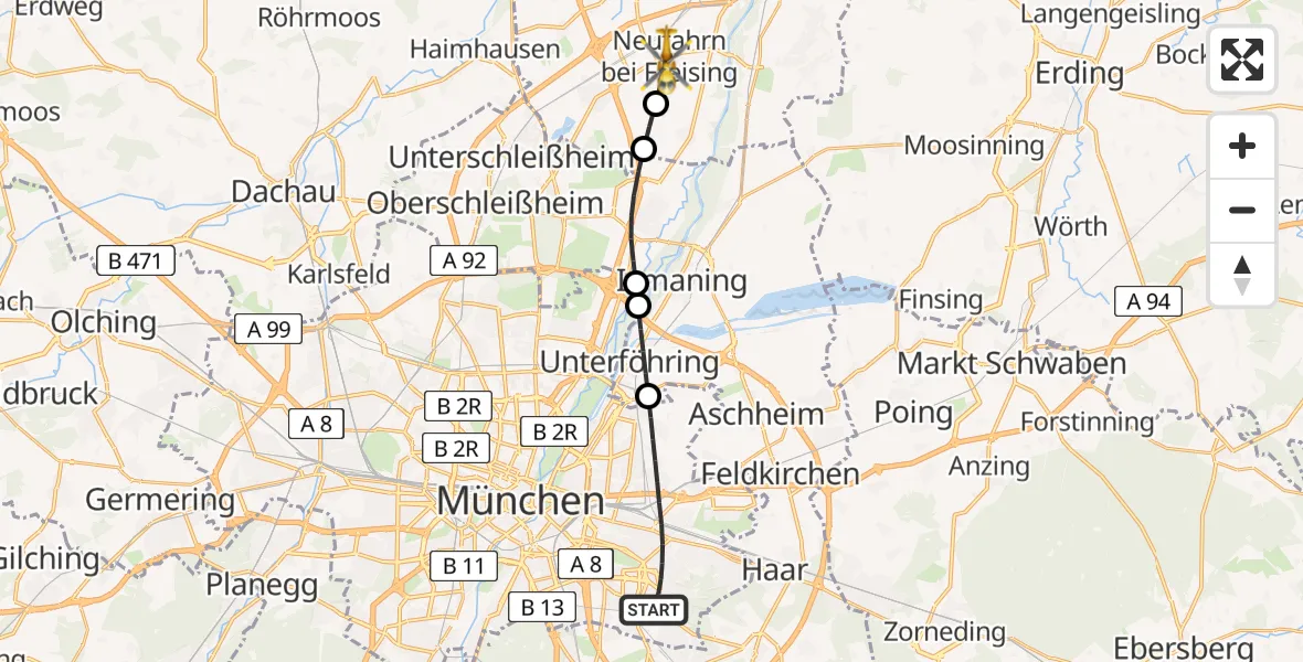 Flugroute Rettungshubschrauber München - Neufahrn b.Freising, 15 Juli 2026, 09:29