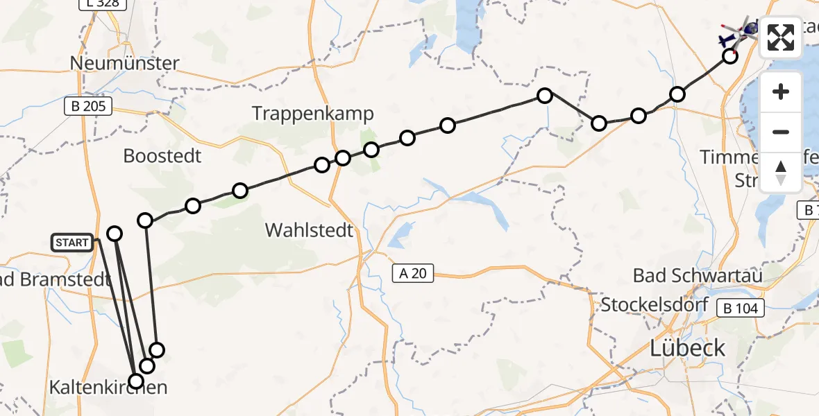 Flugroute Polizeihubschrauber Wiemersdorf - Sierksdorf, 15 Juli 2026, 09:31