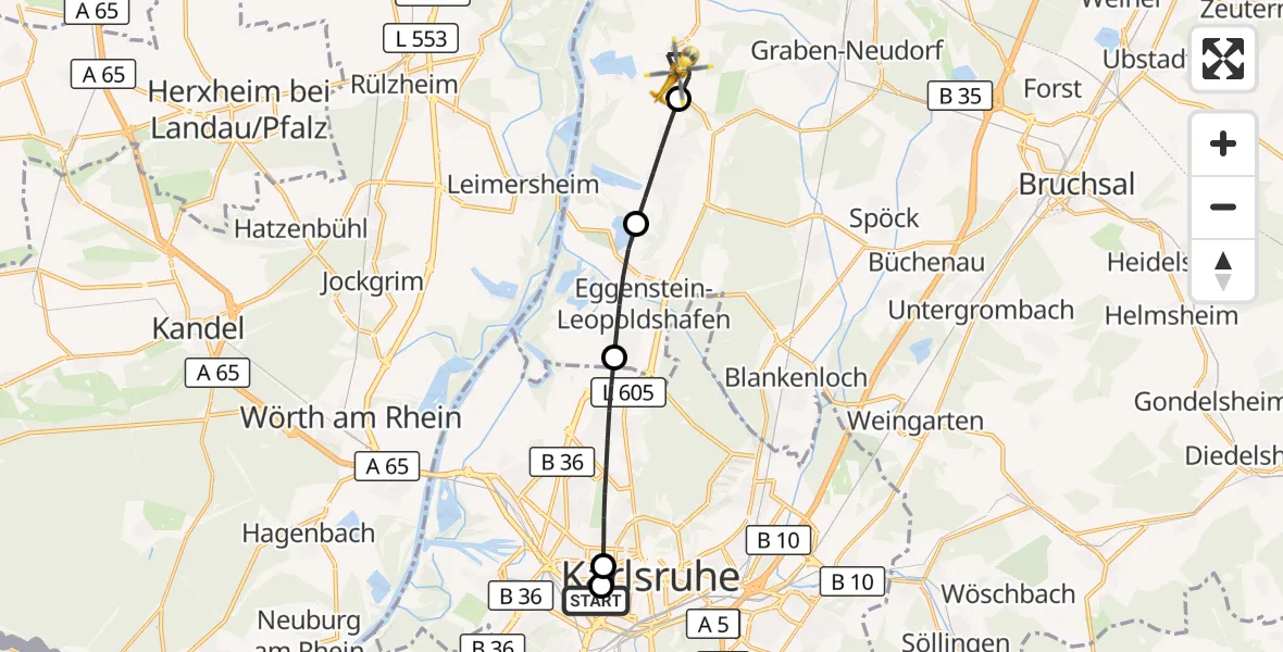 Flugroute Ambulanzhubschrauber Sankt Vincentius Hospital - Dettenheim, 15 Juli 2026, 09:35