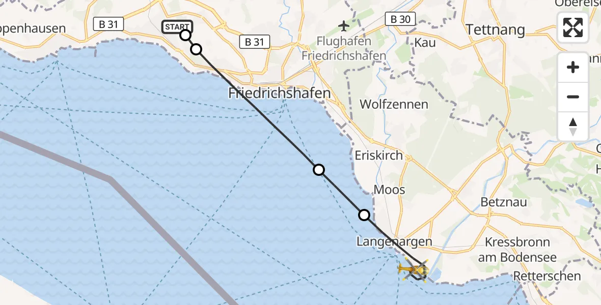 Flugroute Rettungshubschrauber Friedrichshafen Hospital - Langenargen, 15 Juli 2026, 09:35