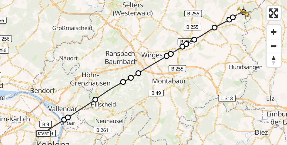 Flugroute Rettungshubschrauber Koblenz - Weltersburg, 15 Juli 2026, 09:35