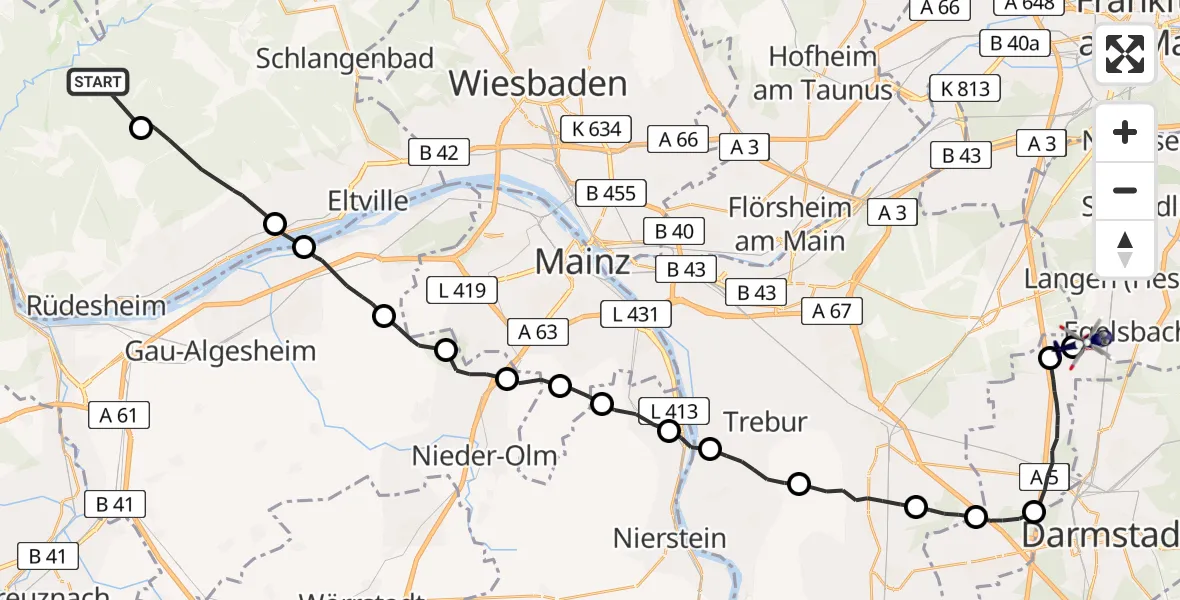 Flugroute Polizeihubschrauber Geisenheim - Flughafen Frankfurt-Egelsbach, 15 Juli 2026, 09:38
