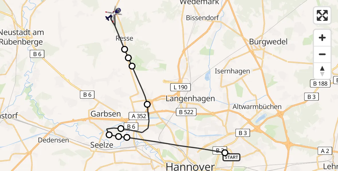 Flugroute Polizeihubschrauber Hannover Luftrettung Hubschrauberlandeplatz (Christoph 4) - Wedemark, 15 Juli 2026, 09:41
