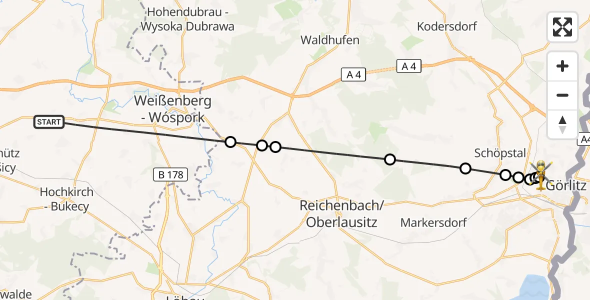 Flugroute Rettungshubschrauber Weißenberg - Görlitz Hospital, 15 Juli 2026, 09:44