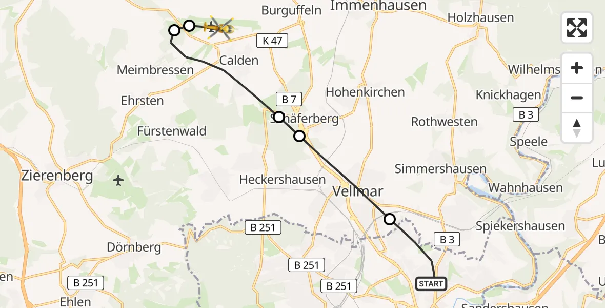 Flugroute Rettungshubschrauber Kassel - Kassel Flughafen, 15 Juli 2026, 09:48