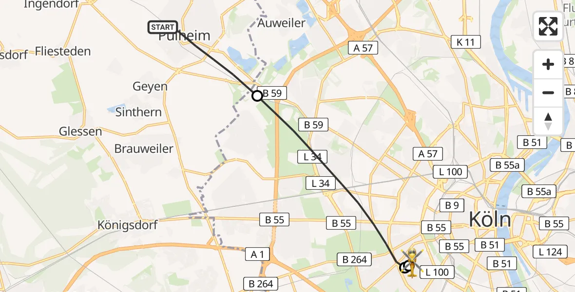 Flugroute Ambulanzhubschrauber Pulheim - Köln University Hospital, 15 Juli 2026, 09:51