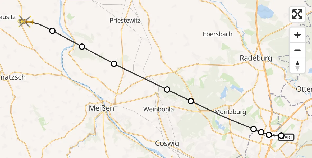 Flugroute Rettungshubschrauber Dresden Bundespolizei Hubschrauberlandeplatz - Hirschstein, 15 Juli 2026, 09:57