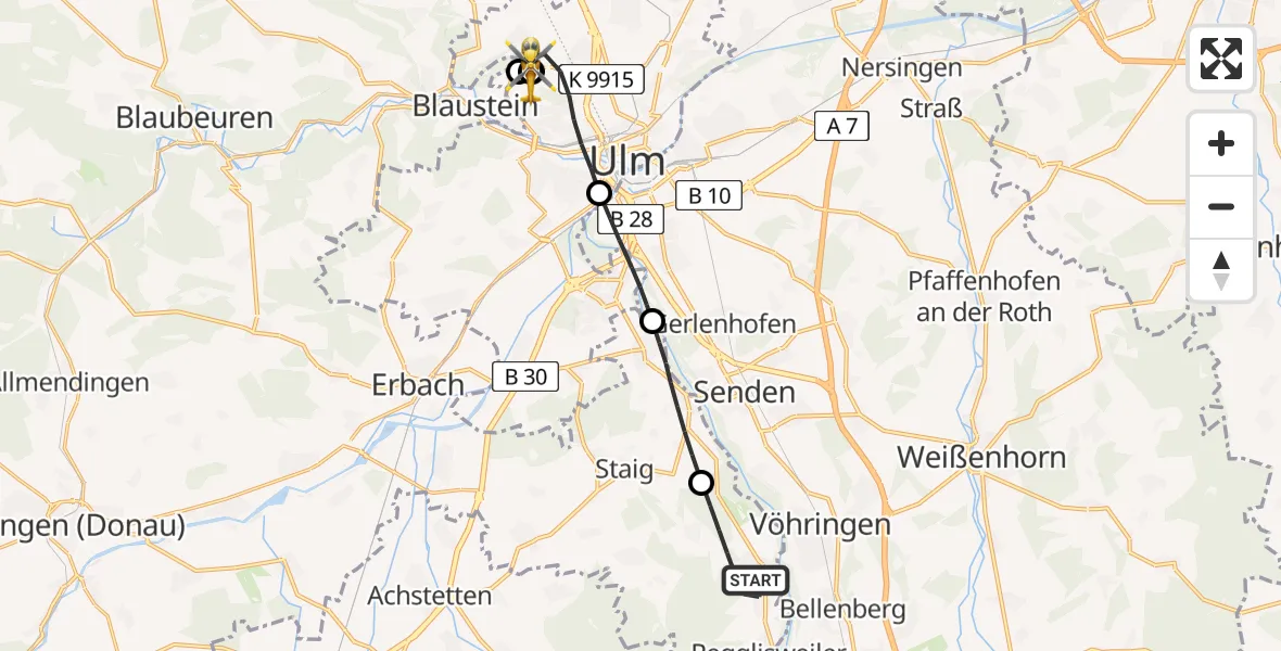 Flugroute Rettungshubschrauber Illerrieden - ADAC Air Rescue Station Ulm (Christoph 22), 15 Juli 2026, 09:57