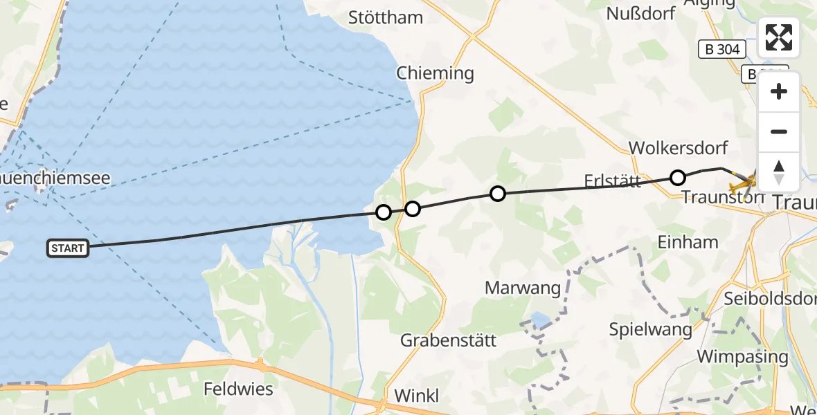 Flugroute Rettungshubschrauber Chiemsee (See) - Traunstein Krankenhaus Hubschrauberlandeplatz, 15 Juli 2026, 09:57