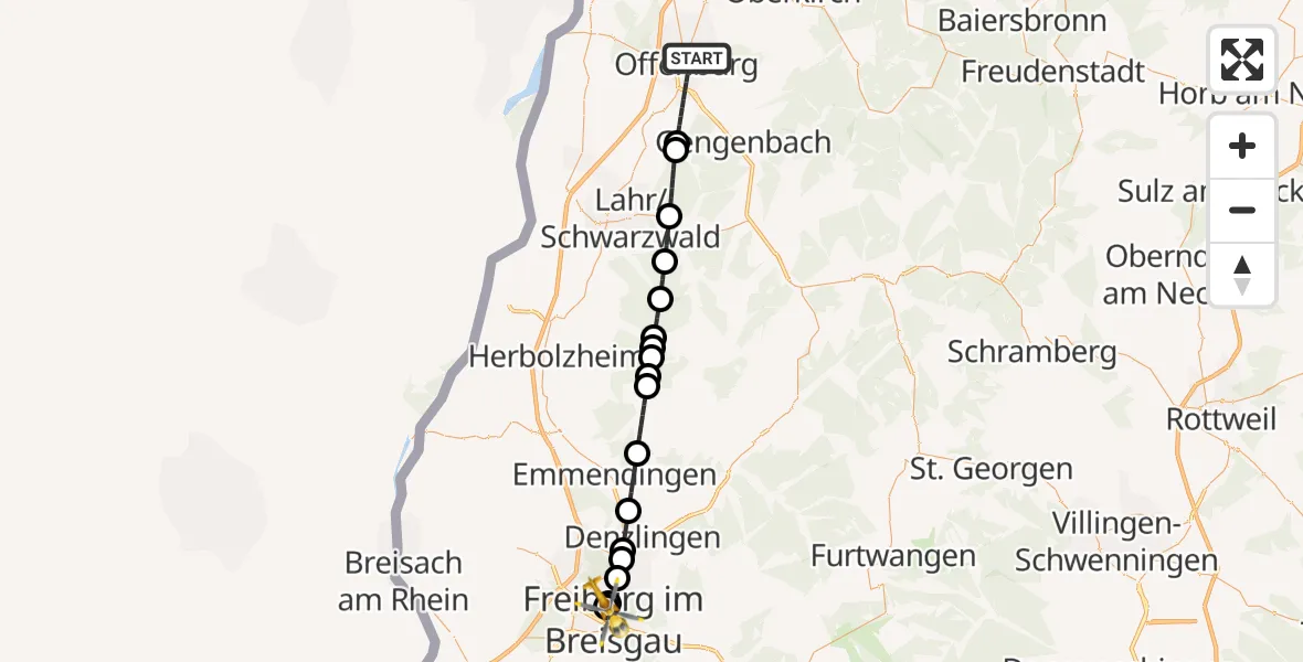 Flugroute Ambulanzhubschrauber Offenburg - Freiburg University Hospital Heliport 2, 15 Juli 2026, 09:59
