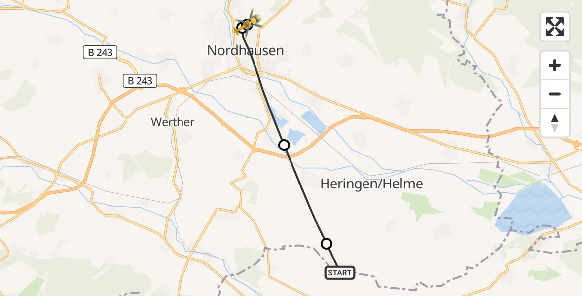 Flugroute Rettungshubschrauber Sondershausen - Südharz Hospital Nordhausen, 15 Juli 2026, 10:00