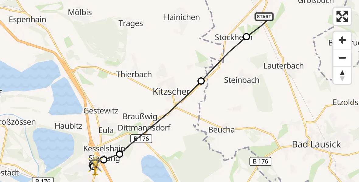 Flugroute Rettungshubschrauber Otterwisch - Sana Hospital Borna, 15 Juli 2026, 10:01