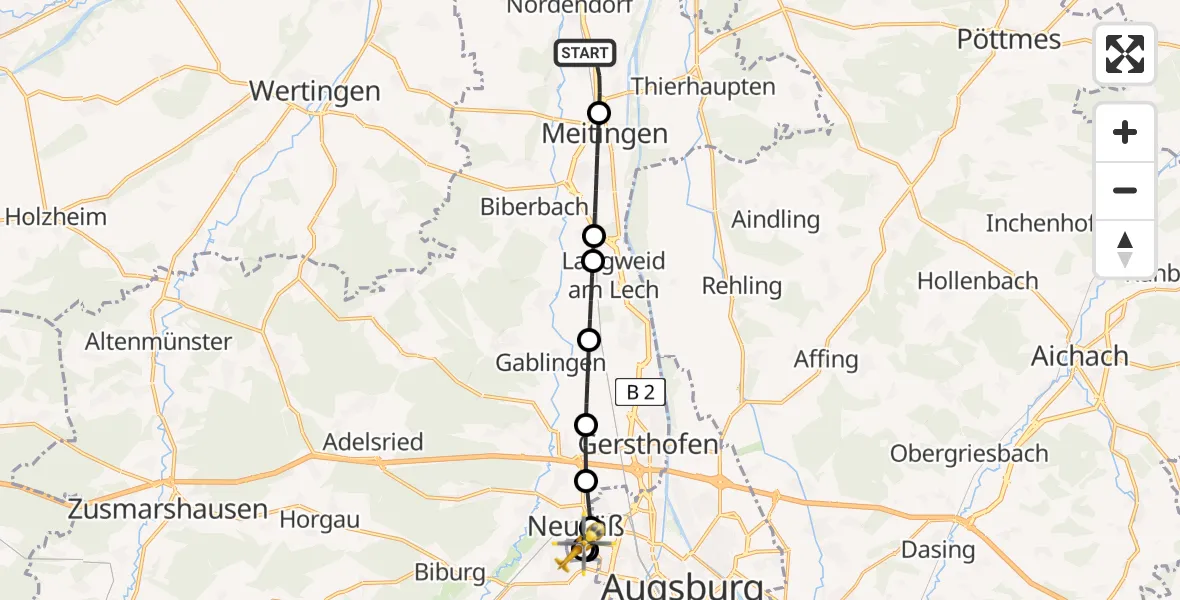 Flugroute Rettungshubschrauber Westendorf - Augsburg University Hospital, 15 Juli 2026, 10:02