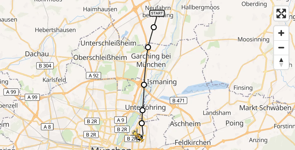 Flugroute Rettungshubschrauber Neufahrn b.Freising - München Bogenhausen Hospital, 15 Juli 2026, 10:04