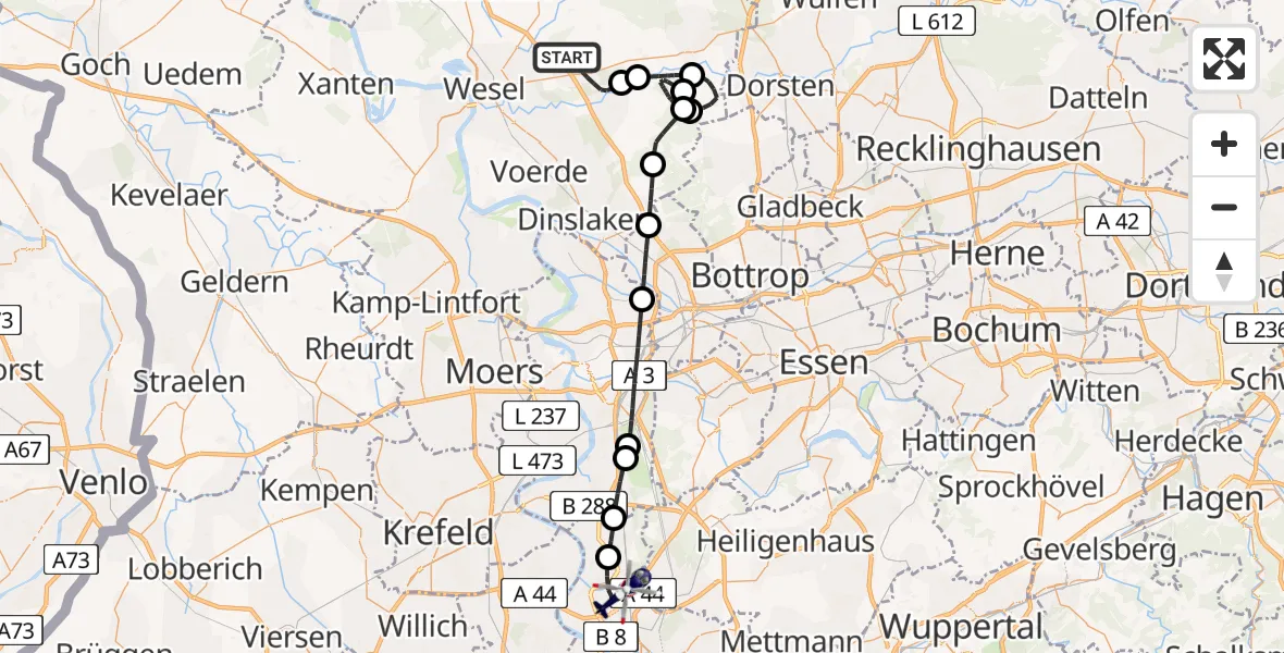 Flugroute Polizeihubschrauber Hünxe - Düsseldorf Flughafen, 15 Juli 2026, 10:07