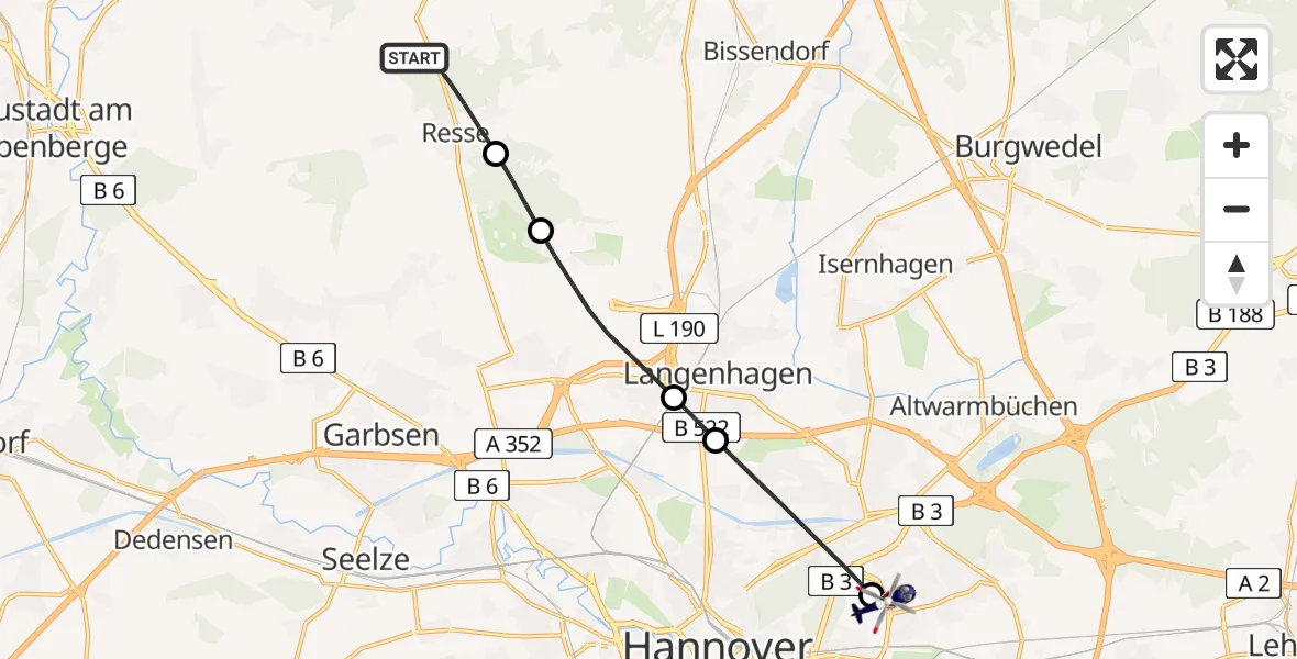 Flugroute Polizeihubschrauber Wedemark - Hannover Luftrettung Hubschrauberlandeplatz (Christoph 4), 15 Juli 2026, 10:17