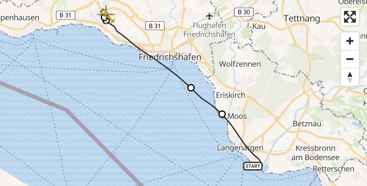 Flugroute Rettungshubschrauber Langenargen - Friedrichshafen Hospital, 15 Juli 2026, 10:19