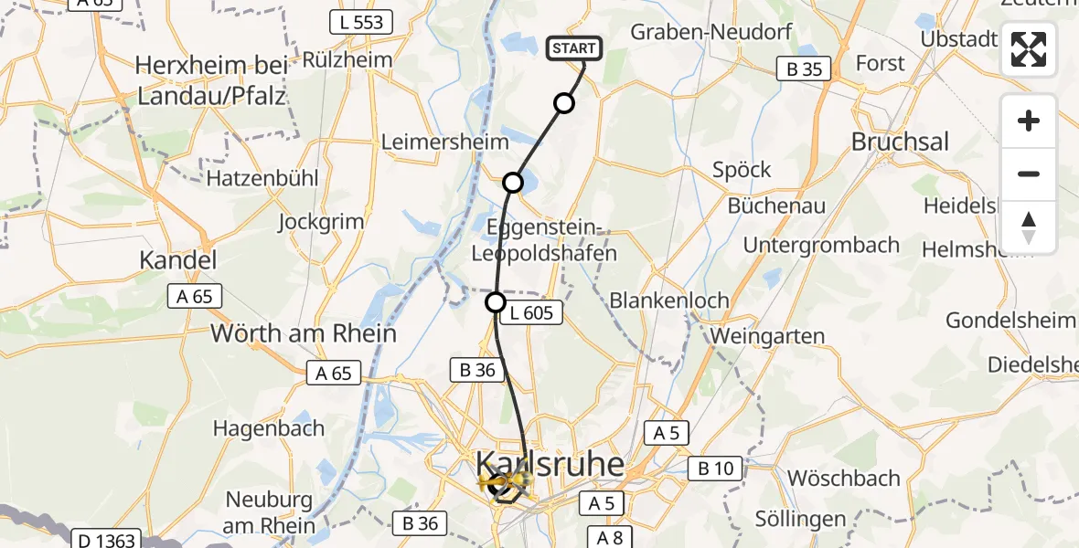 Flugroute Ambulanzhubschrauber Dettenheim - Sankt Vincentius Hospital, 15 Juli 2026, 10:20