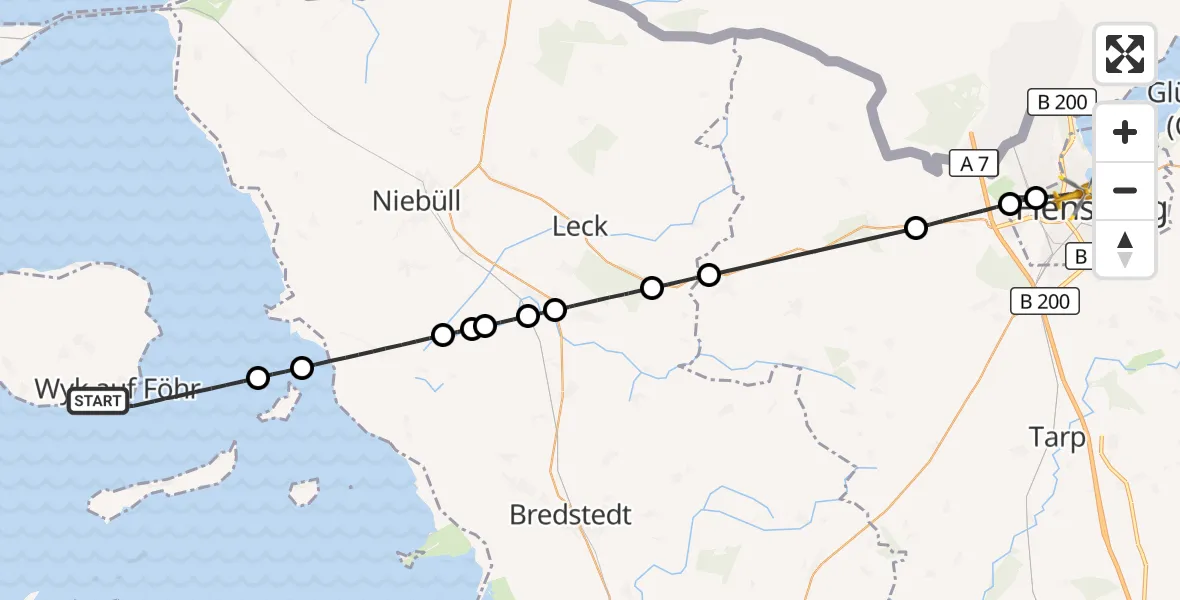 Flugroute Ambulanzhubschrauber Wyk auf Föhr - Flensburg, 15 Juli 2026, 10:22