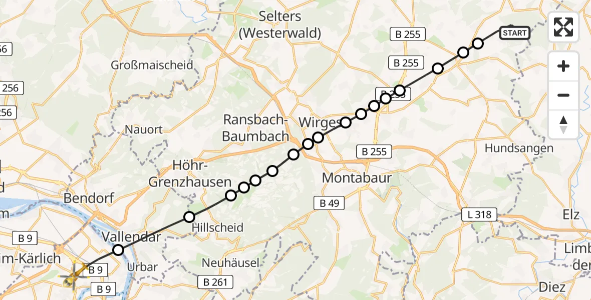 Flugroute Rettungshubschrauber Weltersburg - Koblenz, 15 Juli 2026, 10:22