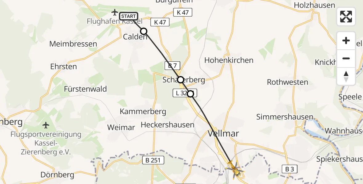 Flugroute Rettungshubschrauber Kassel Flughafen - Kassel, 15 Juli 2026, 10:30
