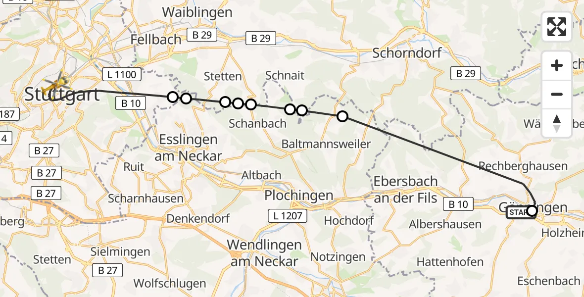 Flugroute Rettungshubschrauber Christophsbad Hubschrauberlandeplatz - Stuttgart, 15 Juli 2026, 10:30