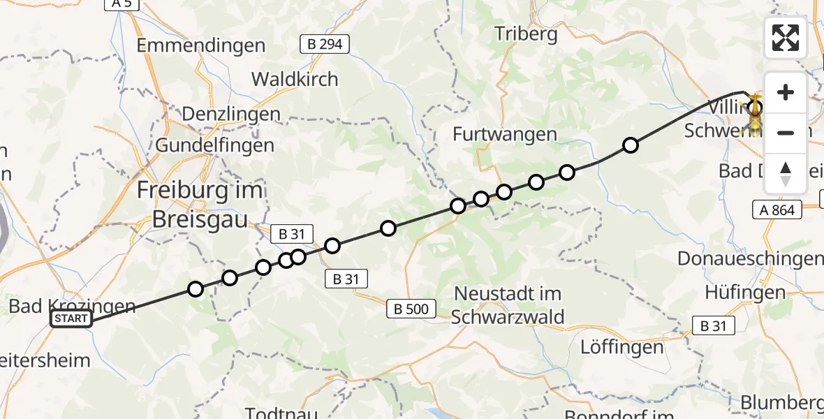 Flugroute Ambulanzhubschrauber Bad Krozingen - DRF Air Rescue Station Villingen-Schwenningen Hubschrauberlandeplatz (Christoph 11), 15 Juli 2026, 10:32