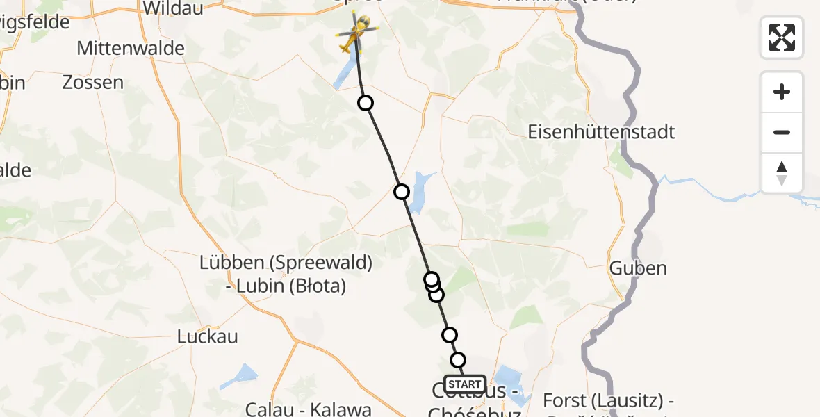 Flugroute Rettungshubschrauber Cottbus - Bad Saarow Hospital Hubschrauberlandeplatz, 15 Juli 2026, 10:36
