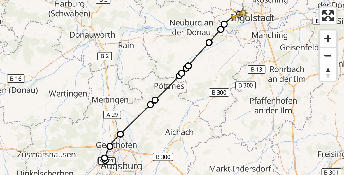 Flugroute Rettungshubschrauber Augsburg University Hospital - Ingolstadt Hospital, 15 Juli 2026, 10:47