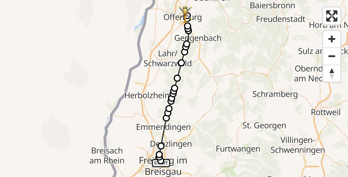 Flugroute Rettungshubschrauber Freiburg University Hospital Heliport 1 - Offenburg, 15 Juli 2026, 10:48