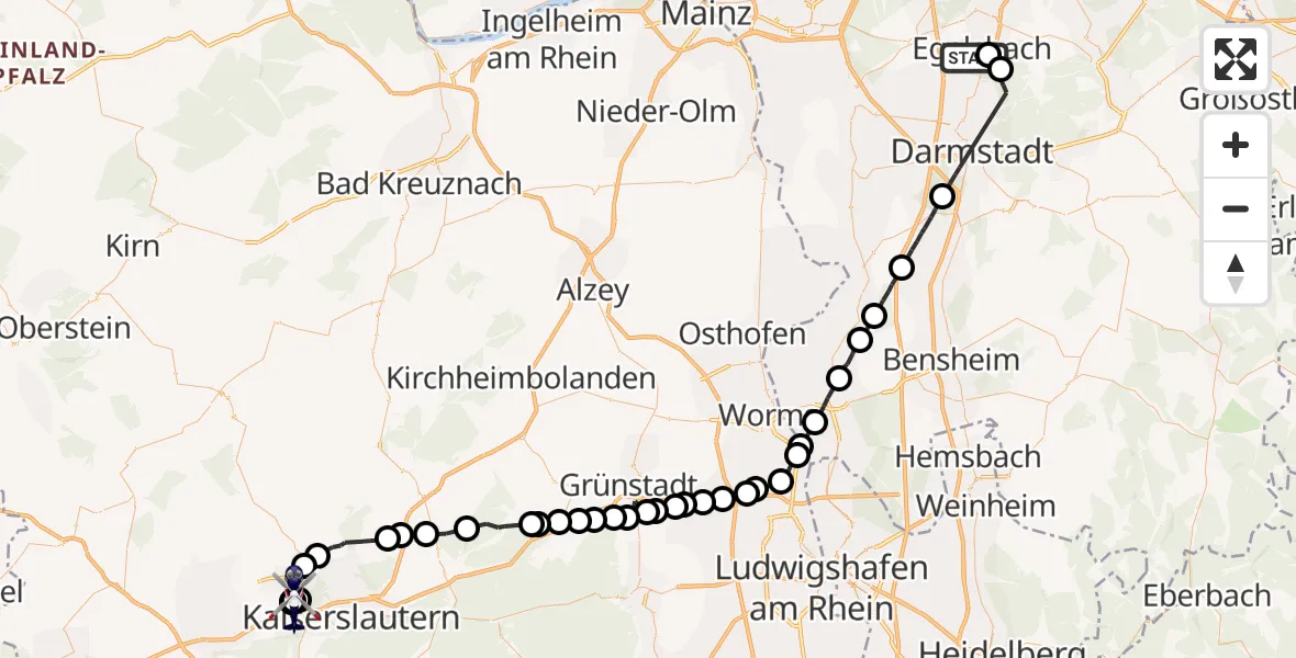 Flugroute Polizeihubschrauber Flughafen Frankfurt-Egelsbach - Kaiserslautern, 15 Juli 2026, 10:49